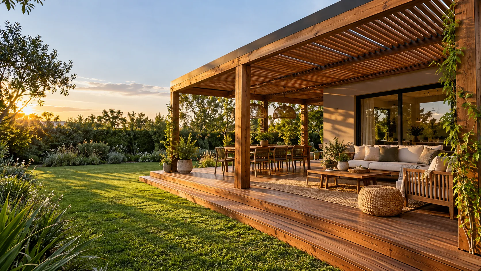 Imagen ilustrativa: Pérgola y deck integrados al jardín