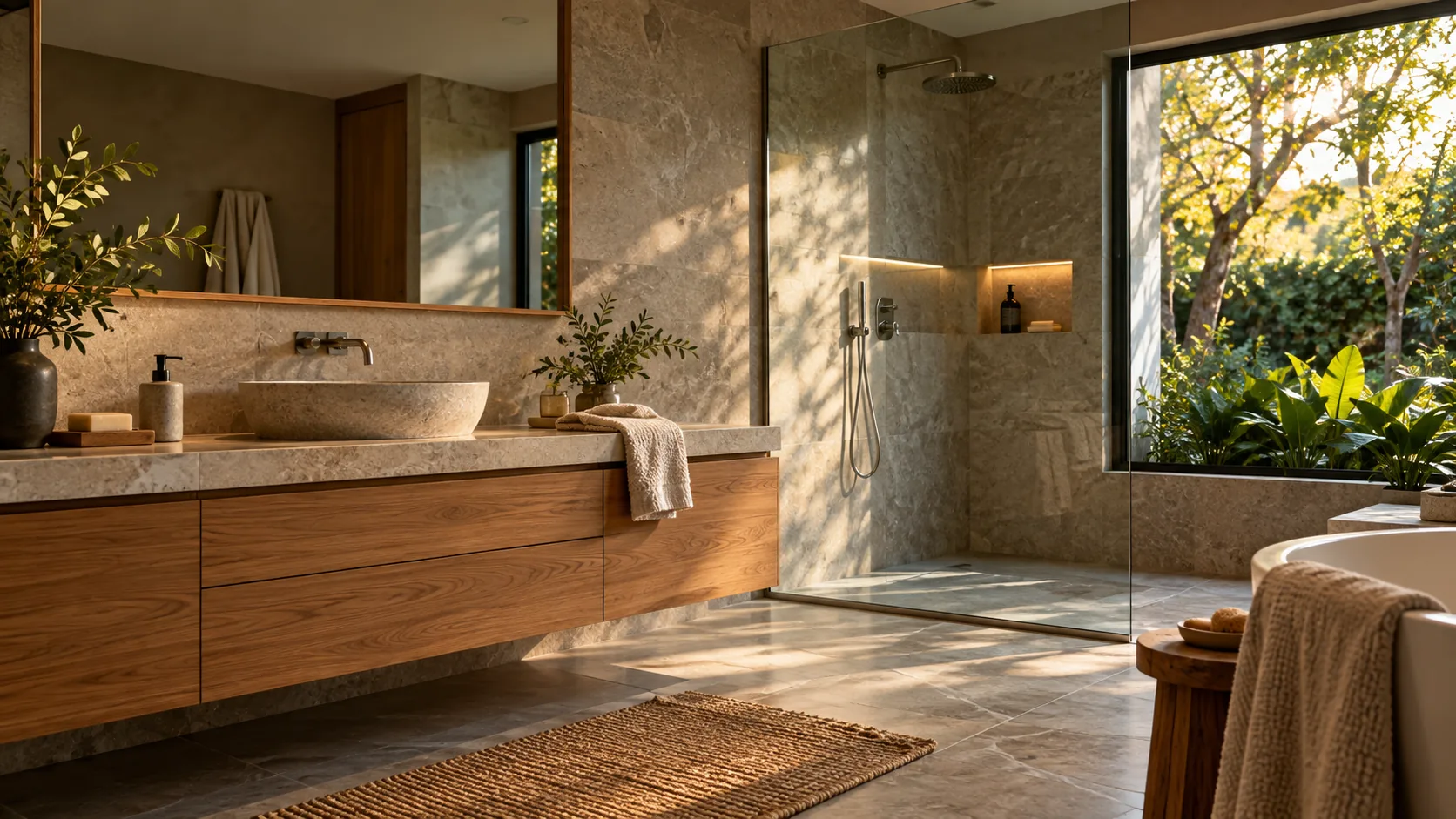Imagen ilustrativa: Baño renovado con ducha y materiales naturales